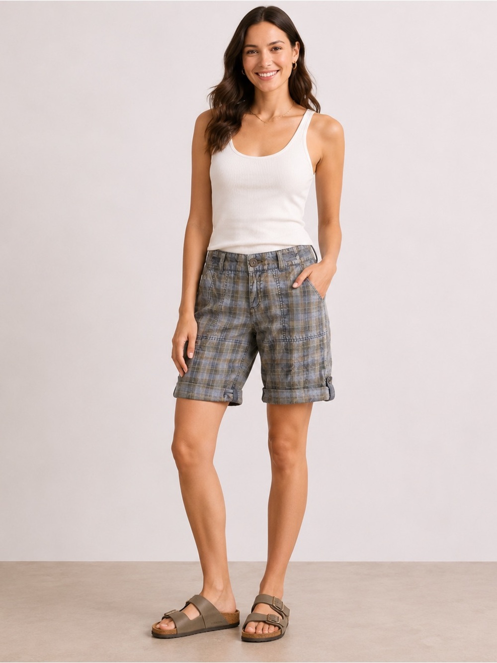 Free People Relaxed-Fit Cotton Plaid Shorts - Size 6. 10” inseam.